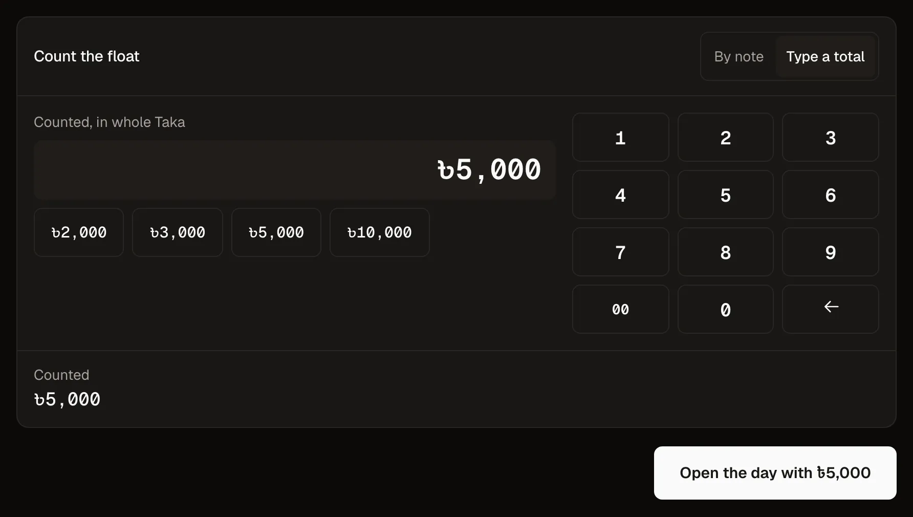 The counter's Open the day screen with ৳5,000 counted into the Drawer