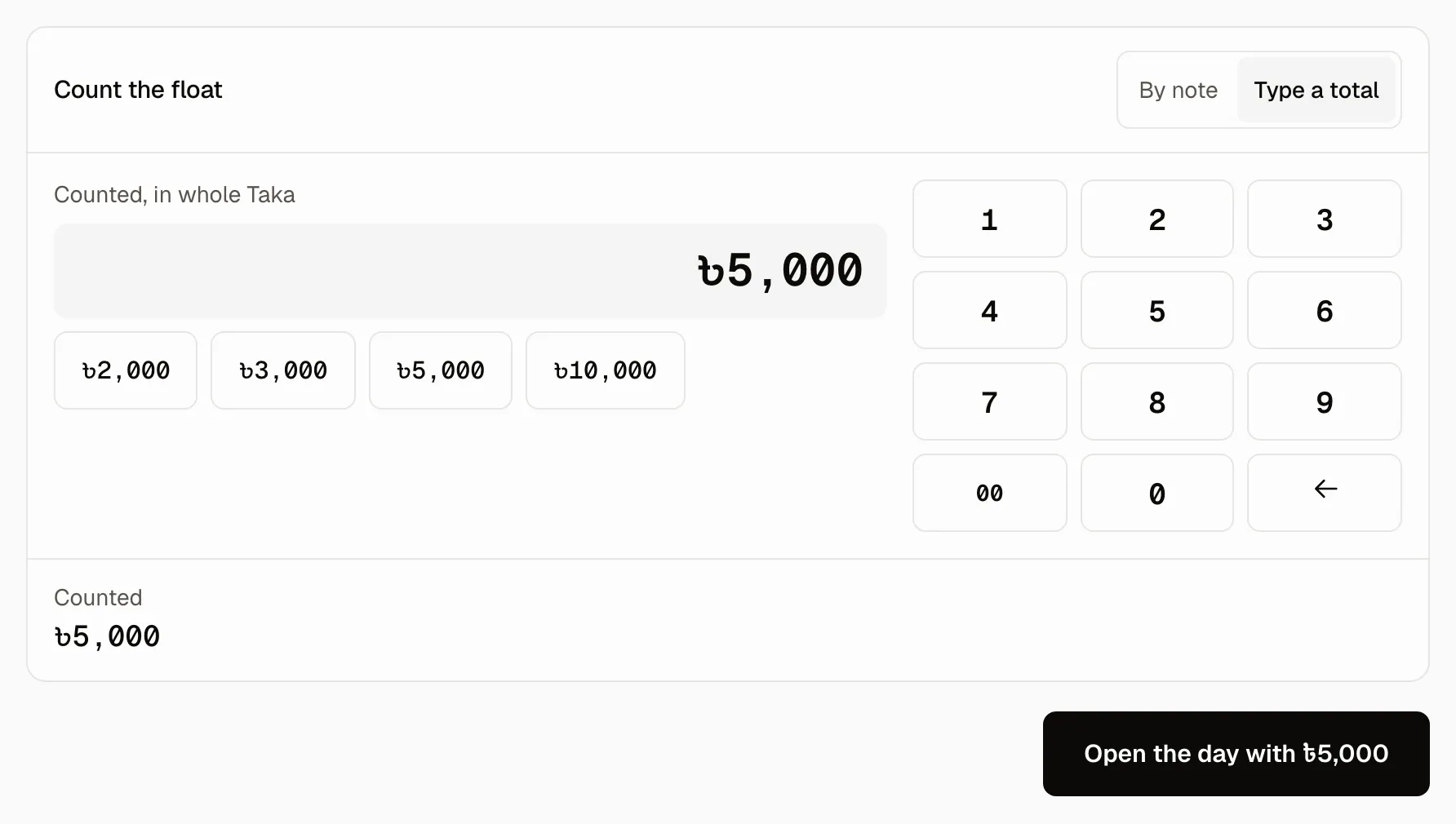 The counter's Open the day screen with ৳5,000 counted into the Drawer