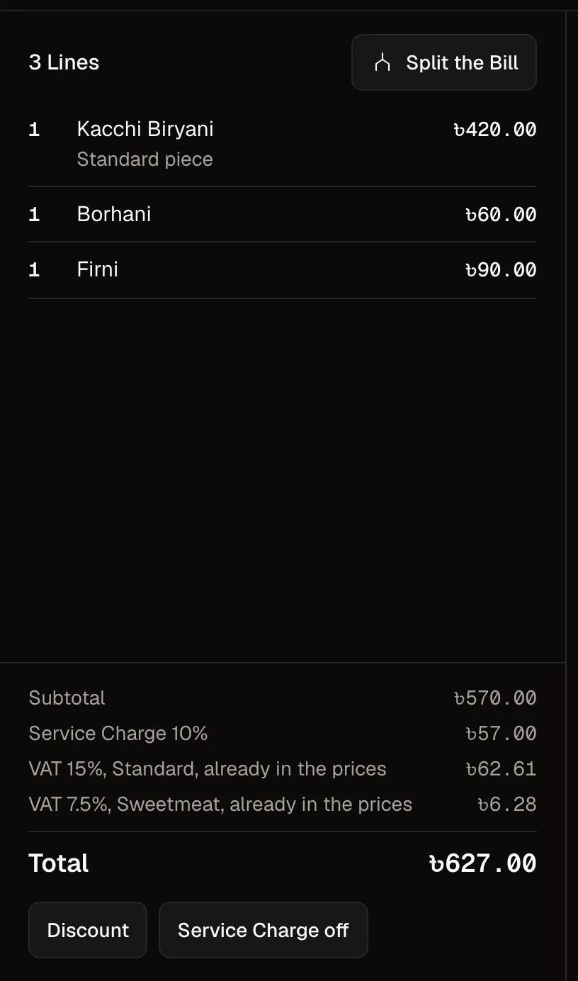 G8's Bill at the counter: a Kacchi Biryani, a Borhani and a Firni, ৳627.00 with the service charge and VAT, and bKash chosen to pay it