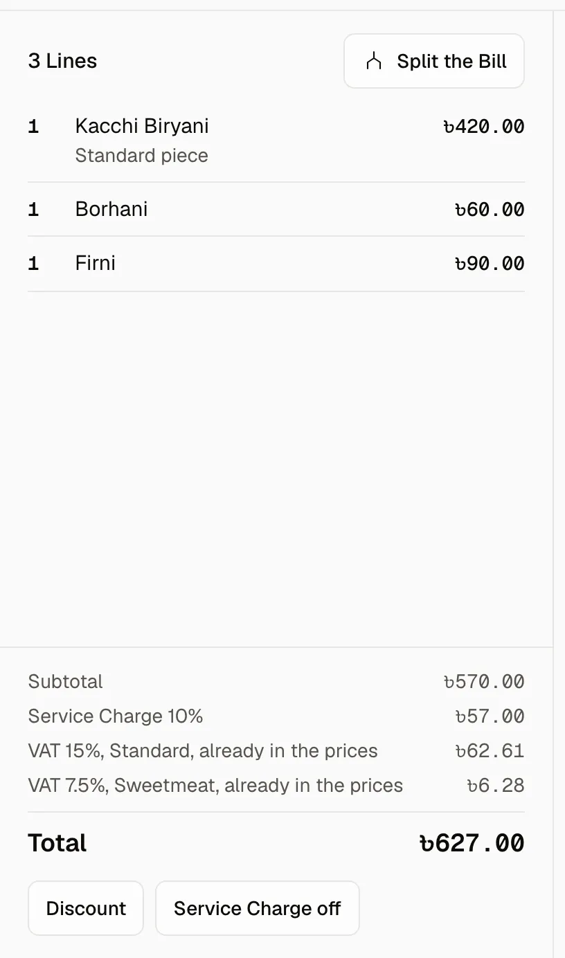 G8's Bill at the counter: a Kacchi Biryani, a Borhani and a Firni, ৳627.00 with the service charge and VAT, and bKash chosen to pay it