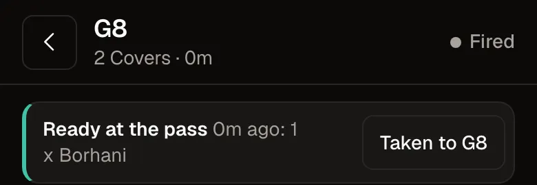 The waiter's phone saying G8's food is ready at the pass